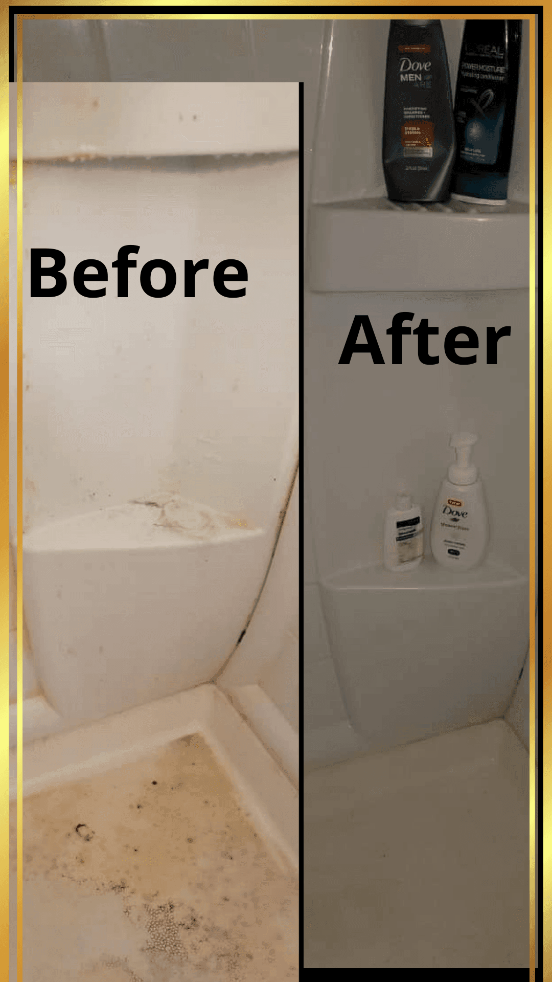 Side-by-side comparison of a shower corner before and after cleaning, showing significant improvement in cleanliness.